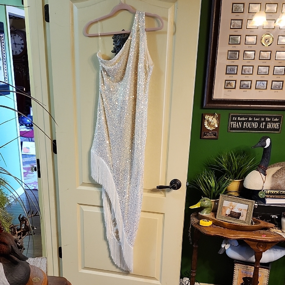 BELLA and BLOOM IRIDESCENT SEQUIN ONE-SHOULDER FRINGE DRESS